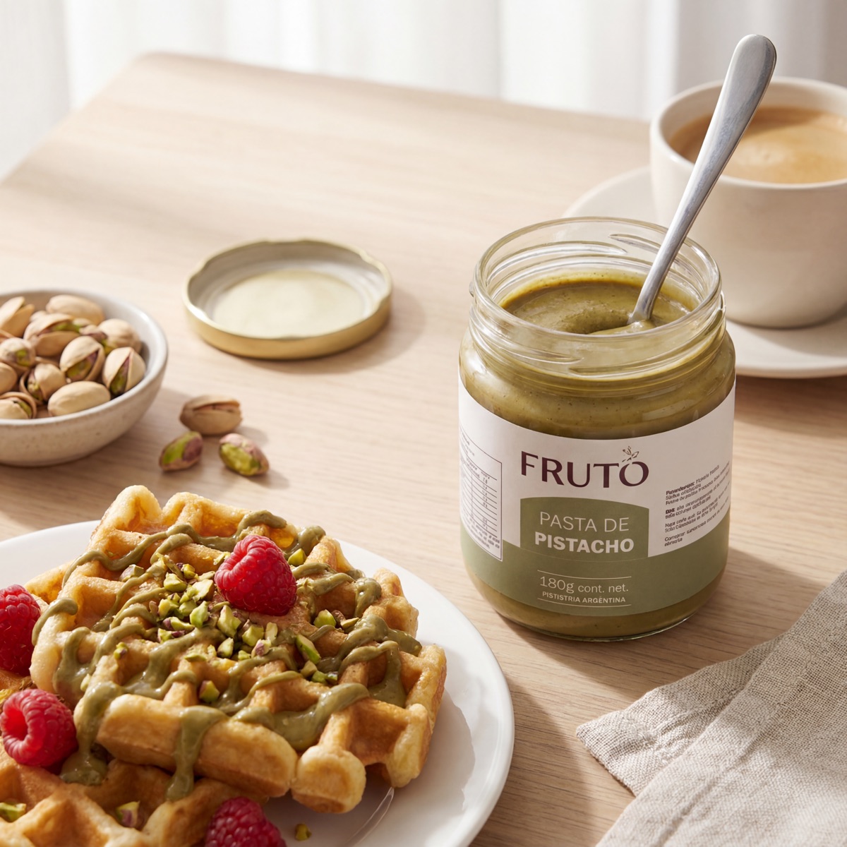 Waffles con pistacho y frutos rojos